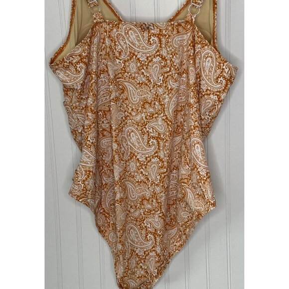 D & Co. Beach Womens 22W Orange Paisley Ruched Faux Wrap Adjust Strap Sw… - Picture 6 of 16